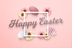 Happy Easter greeting card with 3d text and square frame. Easter eggs and flowers in background photo