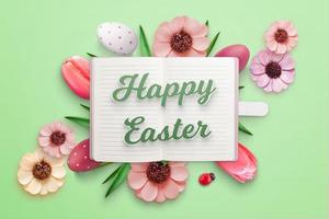 Happy Easter greeting card with notebook and Easter eggs and flowers photo