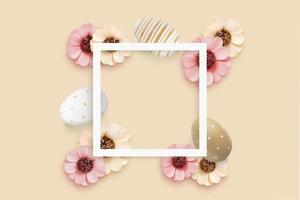 marco cuadrado rodeado de huevos de pascua y adornos florales. copie el espacio para el texto de saludo. vista superior, composición plana