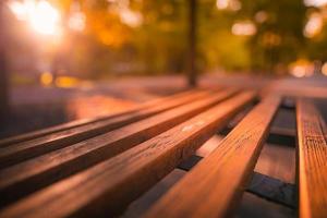 Closeup rural wooden bench. Autumn golden landscape background. Relaxing, serene sunlight, sunset rays, nature park scenery photo