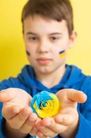 rosa de colores amarillo y azul de la bandera ucraniana en manos de un niño. foto