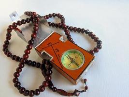 Islamic background of special compass to determine Qibla direction and prayer tool. photo