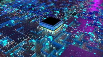 placa de circuito con una cpu de procesadores de computadora central, un chip de placa base digital en funcionamiento con miles de conexiones iluminadas y un fondo púrpura y azul. ilustración 3d foto