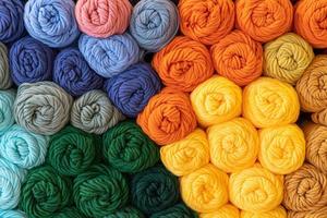 ovillos de lana en varios colores. Vista de cerca de las bolas de tejer de lana en diferentes colores. foto