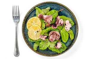 Salad with pickled octopus and green beet leaves on white, top view