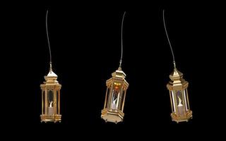 ramadan kareem 3d lantern hanging golden shiny with candle on black different angle photo