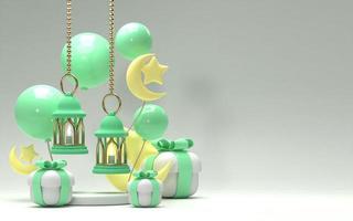 representación de ilustración 3d de ramadan kareem con regalo y linterna sobre fondo blanco aislado foto