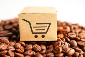 Shopping cart box on coffee beans, shopping online for export or import photo