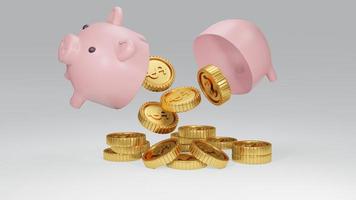 3D Rendering concept of a broken piggy bank with golden coins on white background. 3D Render. photo