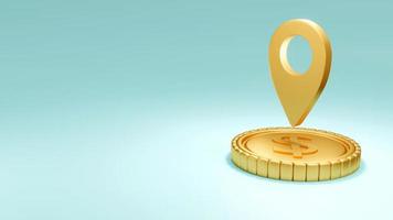 Concepto de representación 3d de una moneda de oro con un símbolo de ubicación dorado. procesamiento 3d