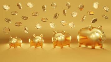 3D Rendering concept of golden piggy banks in several sizes on gold background with coins falling down. 3D Render. photo