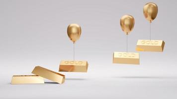 3d Rendering concept of gold price. gold bars are taking up by balloons. 3D Render. 3D illustration. Minimal design template. photo