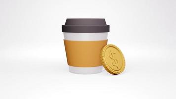 Concepto de representación 3D de una taza de café y una moneda sobre fondo blanco. foto