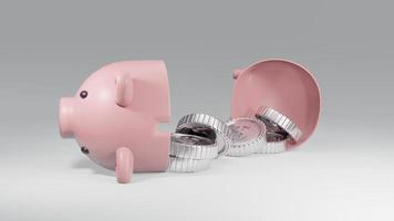 3D Rendering concept of a broken piggy bank with silver coins on white background. 3D Render. photo