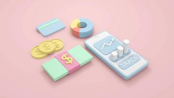 3D rendering concept of money saving icon, money management. Dollar bill, coin, pie chart, arrow, graph and credit card on pink background. 3D Render. 3D illustration. photo