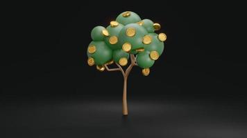 3D Rendering concept of investment. Tree with coins falling down on black background. 3D Render. photo