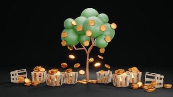 3D rendering concept of investment. a money tree with coins falling down to baskets and ground on background. 3d render. photo