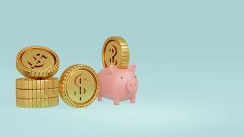 3D Rendering concept of a piggy bank with a staking of big golden coins on blue background with blank space on the right for commercial design. 3D Render. photo