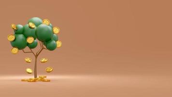 3D Rendering concept of investment. A money tree with coins falling with a blank space on the right on background for commercial design. 3D Render. photo