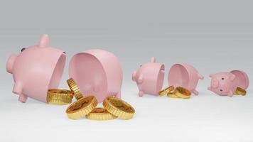 3D Rendering concept of broken piggy banks with golden coins on white background. 3D Render. photo