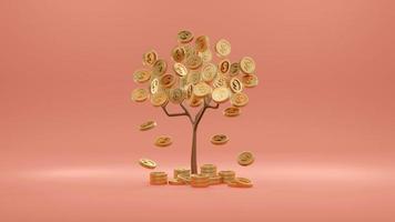 3D Rendering concept of money investment. Trees with coins falling down on background. 3D Render. photo