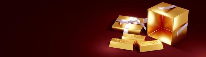 3D Rendering concept of golds, golden gift on red background.3D Render. photo