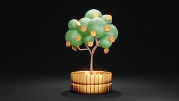 concepto de inversión en representación 3d. un árbol de dinero en una pila de monedas en el fondo. procesamiento 3d foto