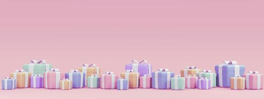 3d Rendering concept of online shopping, marketing, e-commerce banner. A lot of gift boxes in pastel theme for commercial background. 3d render. 3D illustration. photo