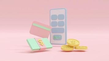 Concepto de representación 3d de icono de ahorro de dinero, gestión de dinero. billete de dólar, moneda, gráfico circular, flecha, gráfico y tarjeta de crédito sobre fondo rosa. procesamiento 3d ilustración 3d foto