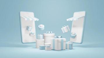 3D Rendering concept of E-commerce, online shopping. smartphones with gift boxes for commercial design. 3D render. photo