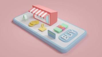 concepto de representación 3d de compras en línea. una tienda en línea, un paquete de billetes de un dólar, una tarjeta de crédito, monedas, un ícono de ubicación en un teléfono inteligente con un botón de compra en segundo plano. procesamiento 3d ilustración 3d foto