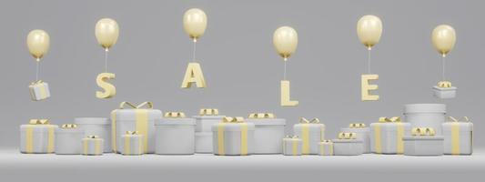 concepto de representación 3d de compras en línea. cajas de regalo, globos y venta de texto volando desde cajas sobre fondo en tema gris y amarillo para diseño comercial. procesamiento 3d foto