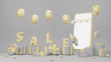 3D Rendering concept of E-commerce, online shopping. smartphone with gift boxes, balloons and text SALE floating on background for commercial design. Grey and yellow theme. 3D render. photo