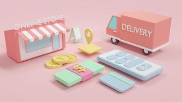 3D Rendering concept of online shopping. an online store, a phone, delivery truck, money bill, cash and credit card on background. 3D render. 3D illustration. photo