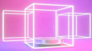 3d rendering of pedestal on colorful purple and pink neon light background, square frame, cylinder, abstract minimal concept, clean design, minimalist mock up. 3d Render. photo