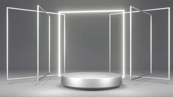 3D rendering concept of product display podiums with glowing and opaque geometry elements for commercial template design. 3D Render. Platform exhibition. Metallic silver theme. photo