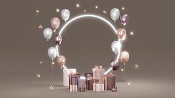 3D Rendering concept of podium with present boxes, balloons, a shiny ring and shiny stars on background for commercial design. 3D Render. photo