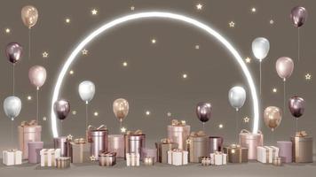 3D Rendering concept of podium with present boxes, balloons, a shiny ring and shiny stars on background for commercial design. 3D Render. photo