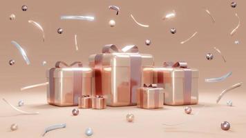 3D rendering concept of set of wrapped gift boxes and geometric confetti elements for commercial design. Holiday presents. Birthday presents. 3D Render. photo