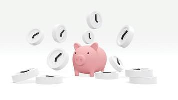 3D Rendering concept of time management. White clocks and a piggy bank on background. 3D Render. 3D illustration. photo