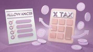 3d Rendering concept of tax. a calculator, coins, arrows and a list of deductions on background. 3D render. photo