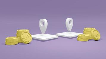 3D Rendering concept of money and vacation. Location symbols and stack of coins on background. 3d render. photo