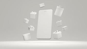 concepto de representación 3d de compras en línea. teléfono inteligente rodeado de cajas de regalo para diseño comercial. procesamiento 3d tema blanco. foto