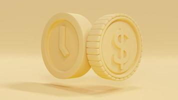 Concepto de representación 3d de la gestión del tiempo y el dinero, concepto de equilibrio entre la vida laboral y la vida. una moneda y un reloj en tema amarillo. procesamiento 3d concepto de idea mínima. foto
