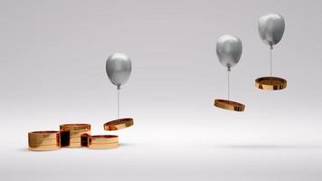 3D Rendering concept of money inflation concept, money spending. Coins are raised up by balloons isolated on background. 3D Render. 3D illustration. photo