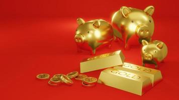 3D Rendering concept of golden piggy bank, golds, golden coins, presents on red background.3D Render. photo