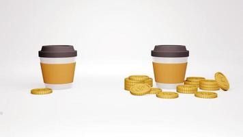 3D Rendering concept of inflation cup of coffee big and small size and same size of golden coins. 3D Render photo