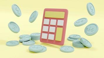 concepto de representación 3d de la gestión financiera. una calculadora y monedas en un tema de colores pastel en el fondo. procesamiento 3d foto