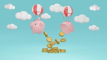 3D Rendering concept of a broken piggy bank with balloons with golden coins in the sky. 3D Render. photo