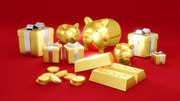 3D Rendering concept of golden piggy bank, golds, golden coins, presents on red background.3D Render. photo